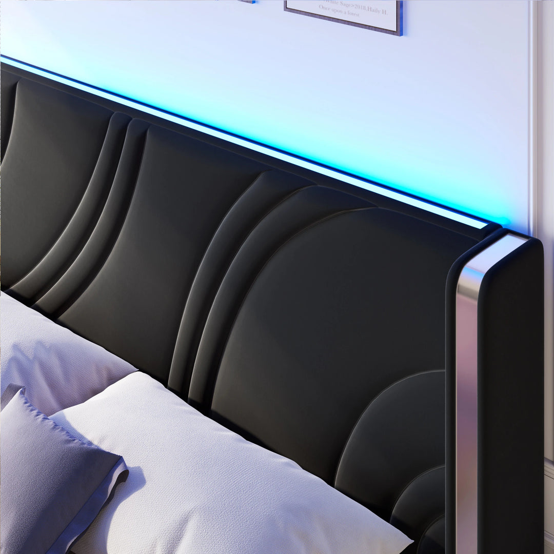 Velvet Upholstered Platform Bed with Smart Ambient Strip Lights Wingback Headboard and Endbed Pull-Out Storage Drawers