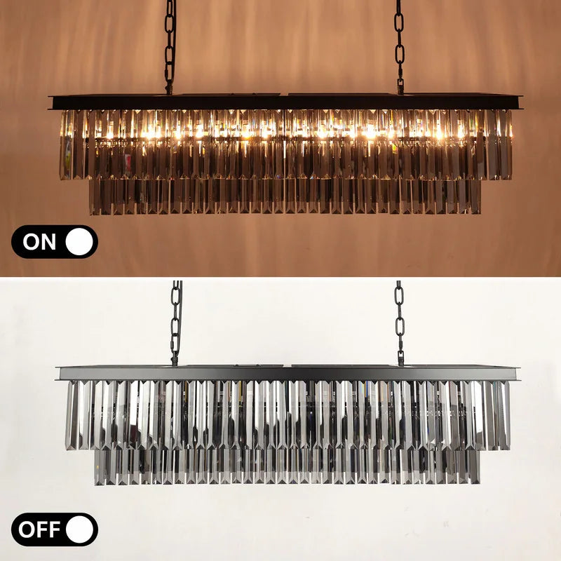 47 In. Smoked Gray and Black Modern Contemporary Crystal Chandelier 2-Tier Linear Kitchen Island Pendant Light for Dining Room