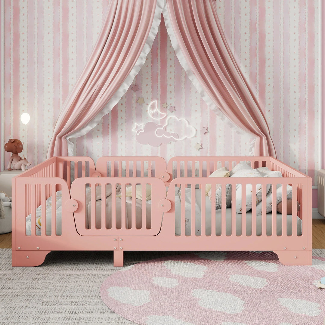 Full Size Montessori Floor Bed Frame with Safety Rails and Removable Door, Low Profile Kids Bed with Slatted Support