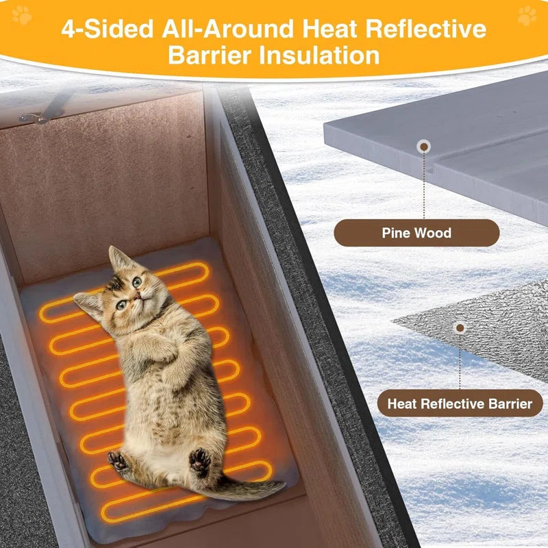 Heated Cat House, 2-Story Insulated Wooden Cat House with Liner, Heated Pad and Escape Door