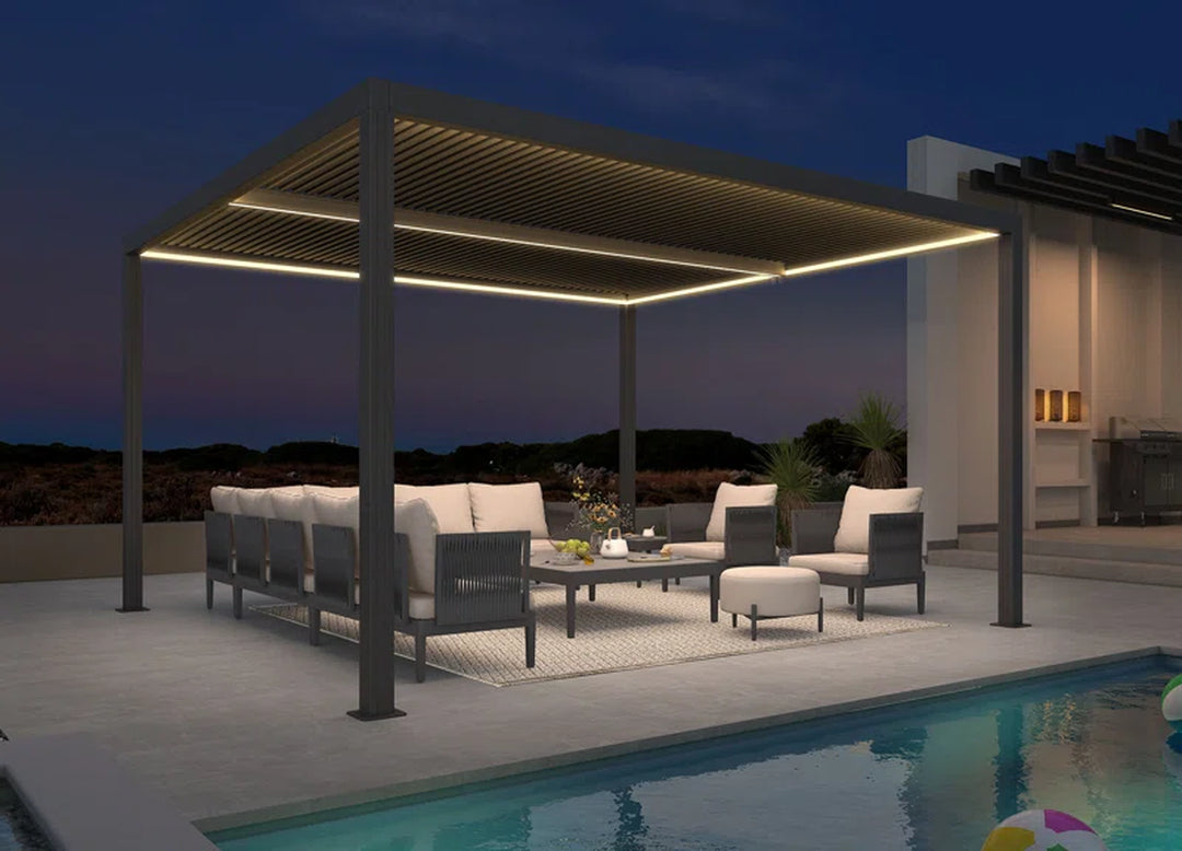 Led Louvered Pergola Full Aluminum Frame and Adjustable Roof Integrated Strip Lights for Outdoor Patio Gray Hardtop Gazebo Pergola