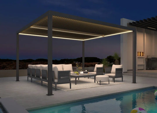 Led Louvered Pergola Full Aluminum Frame and Adjustable Roof Integrated Strip Lights for Outdoor Patio Gray Hardtop Gazebo Pergola
