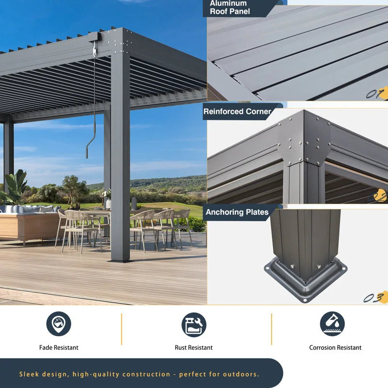Outdoor Louvered Pergola Gazebo with Adjustable Aluminum Rainproof Roof and Pull-Down Screen