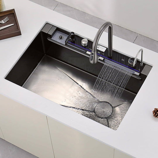 New 33"X22" Stainless Steel Waterfall Kitchen Sink with Temperature Display in Fahrenheit, Pull-Down, KS2206L-PRO