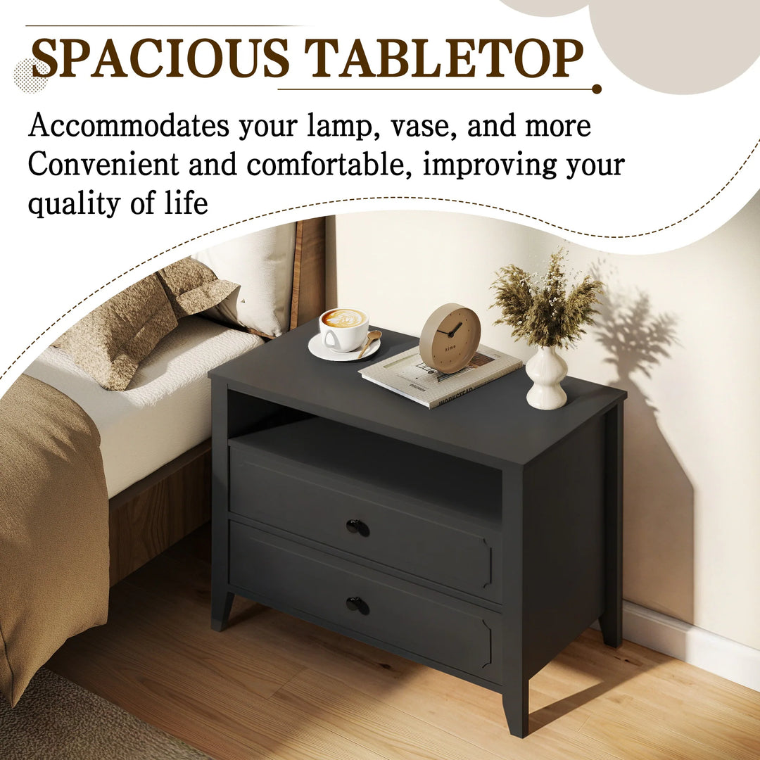Wide Nightstand – 2‑Drawer Bedside Table with Open Shelf, MDF Wood End Table for Bedroom Living Room