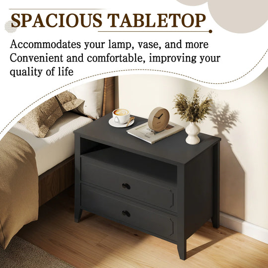Wide Nightstand – 2‑Drawer Bedside Table with Open Shelf, MDF Wood End Table for Bedroom Living Room