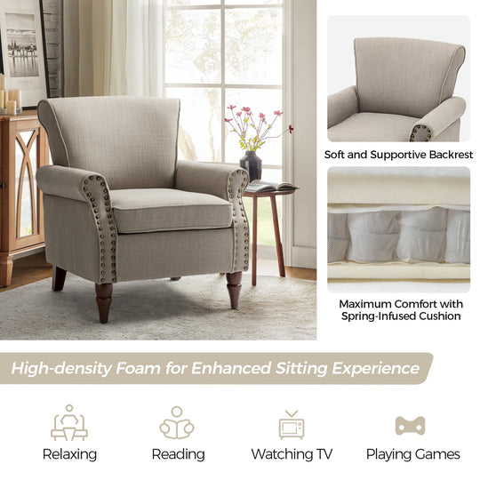 Nyctelius Upholstered Comfy Accent Chair with Turned Wooden Legs and Nailhead Trim Set of 2 by