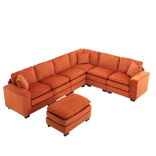 Modern U-Shaped 6-Seater Sectional Sofa with One Footstool