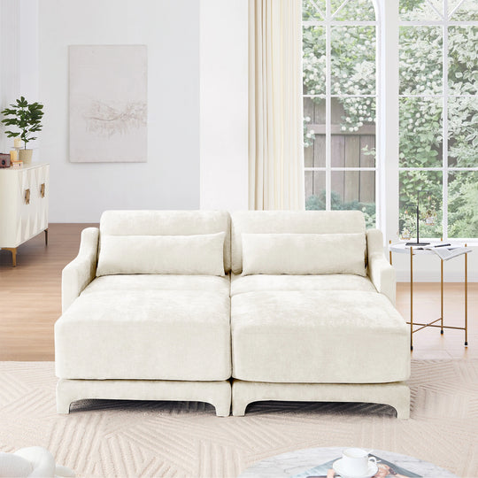 Modern Chenille 4-Seater Sofa with 2 Ottoman, Lumbar Cushions, Ergonomic Backrest, High-Resilience Spongeand Tufted Armrests