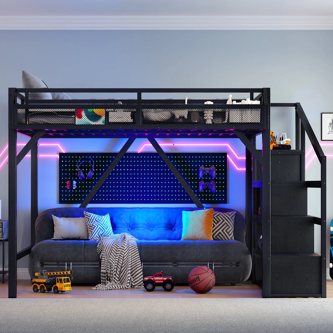 Storage Stairs Loft Bed Queen Size Metal Bed Frame with Built-In Wardrobe, Shelves, Light Strip and Charging Station