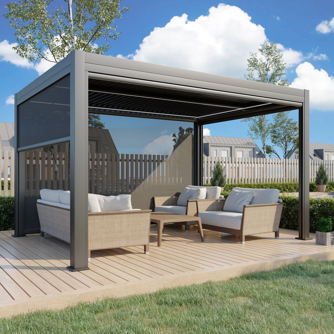 Outdoor Louvered Pergola Gazebo with Adjustable Aluminum Rainproof Roof and Pull-Down Screen