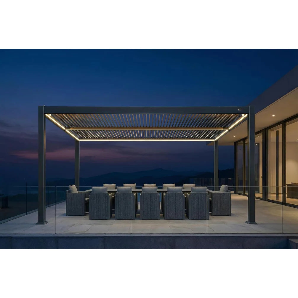 Solar Louvered Pergola with LED String Lights Aluminum Outdoor Pergola with Adjustable Roof for Patio Garden