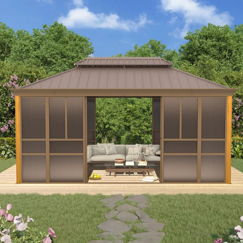 Outdoor Hardtop Sunroom Gazebo with Double Roof & Sliding Doors, All-Season Aluminum Outdoor Pergola, PE Screens&Lockable Design