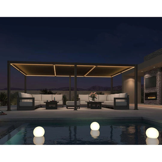 Solar Louvered Pergola with LED String Lights Aluminum Outdoor Pergola with Adjustable Roof for Patio Garden