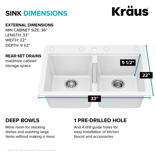 Granite 33 Inch 2-Bowl Undermount Drop-In Kitchen Sink
