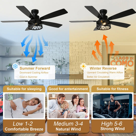 52-In Farmhouse Flush Mount Ceiling Fan with Lights and Remote Control, Black Caged Low Profile Chandelier Ceiling Fan
