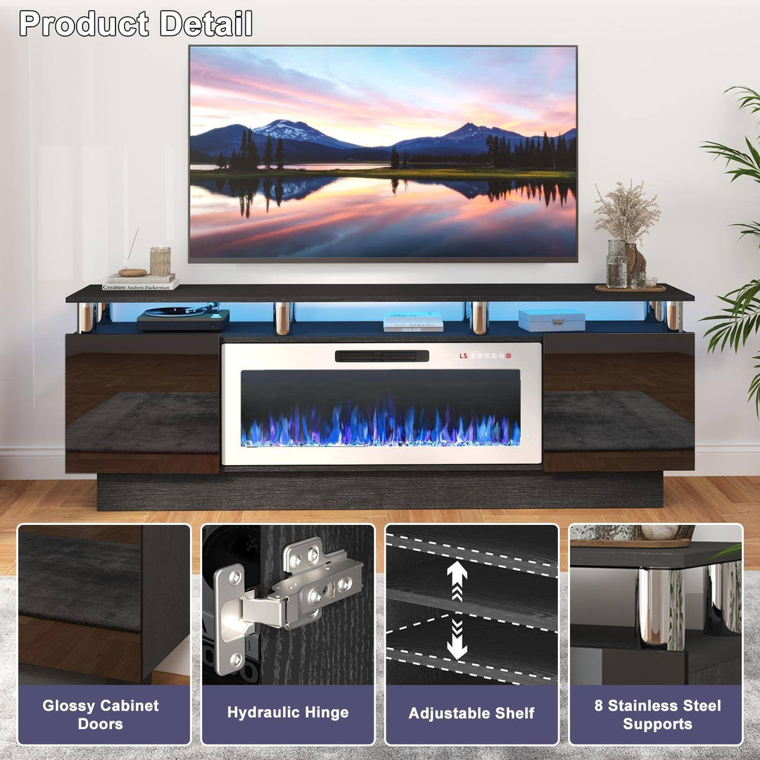 70" Modern Electric Fireplace TV Stand, with Electronic Flame and LED Lights, High Gloss Finish Entertainment Center