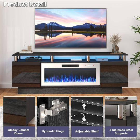 70" Modern Electric Fireplace TV Stand, with Electronic Flame and LED Lights, High Gloss Finish Entertainment Center