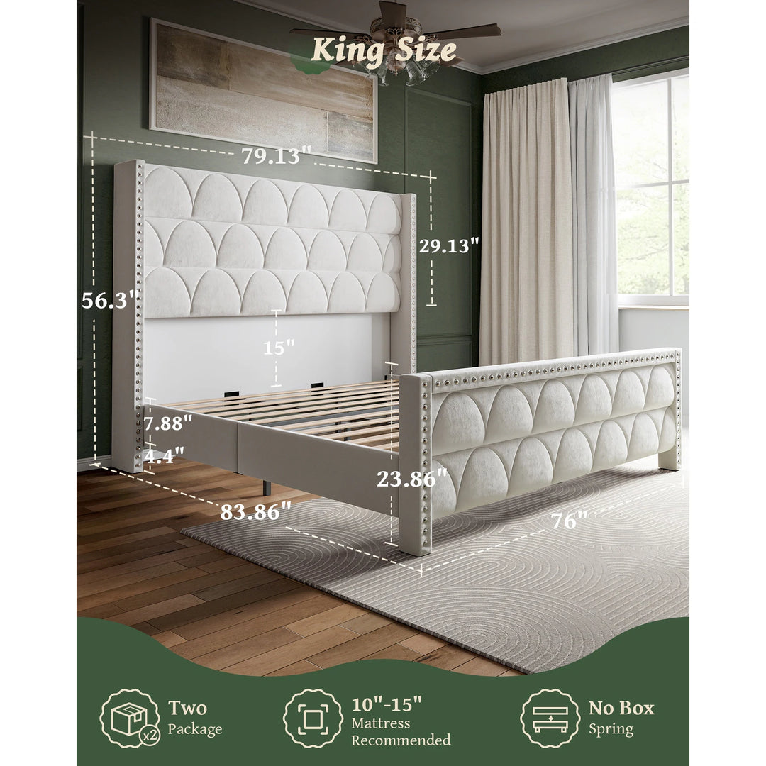 Hansabenne Solid Wood Bed Frame Queen and King Platform Bed Frame with Headboard White and Gray