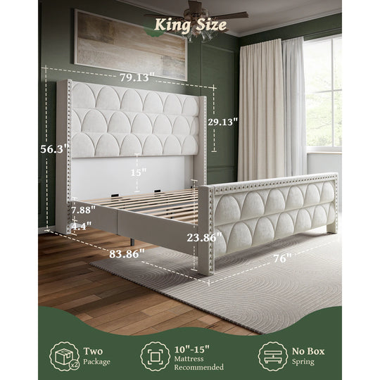 Hansabenne Solid Wood Bed Frame Queen and King Platform Bed Frame with Headboard White and Gray