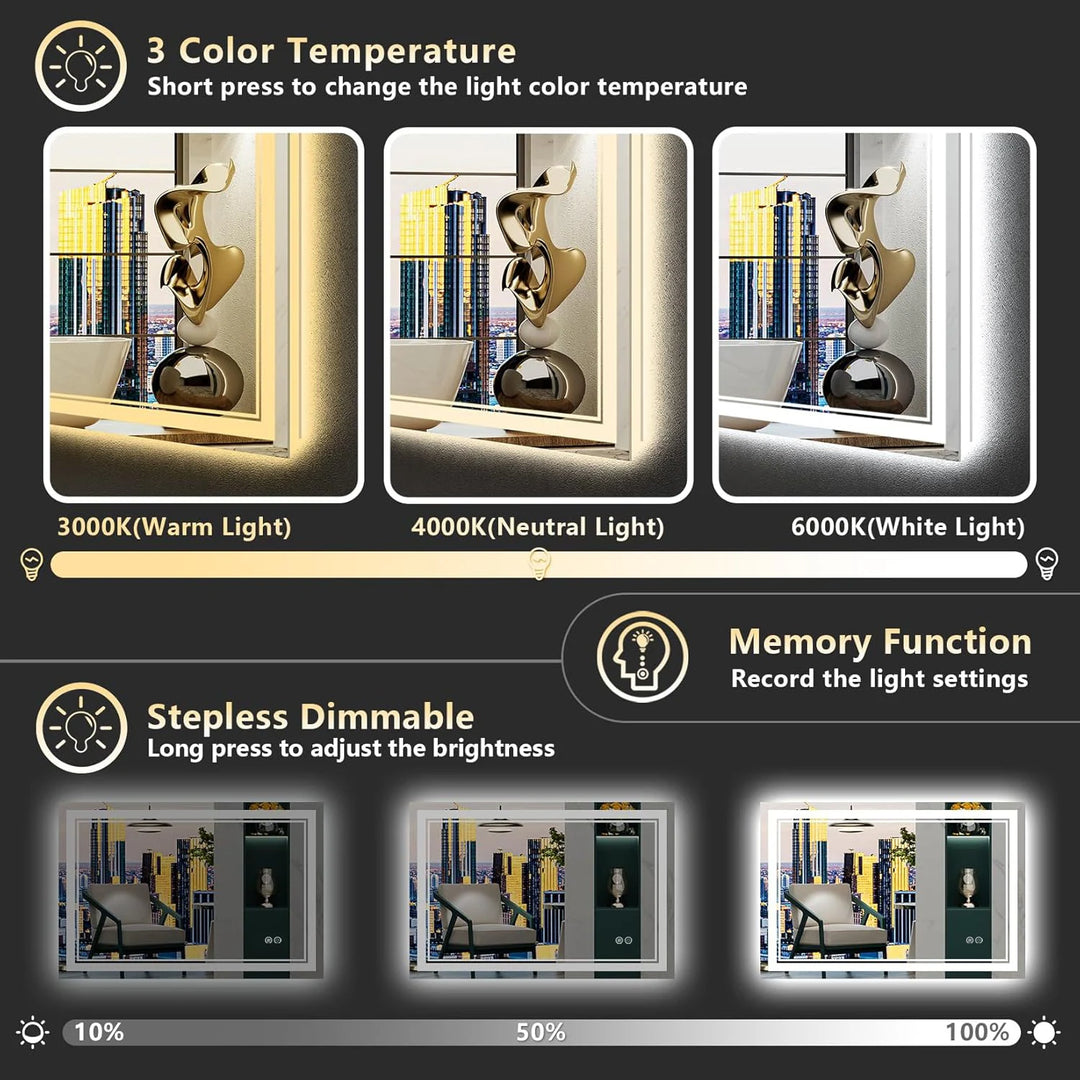 Full Size Front & Back LED Lighted Anti-Fog Tempered Glass Wall Bathroom Vanity Mirror, 3-Year Warranty & ETL Certification
