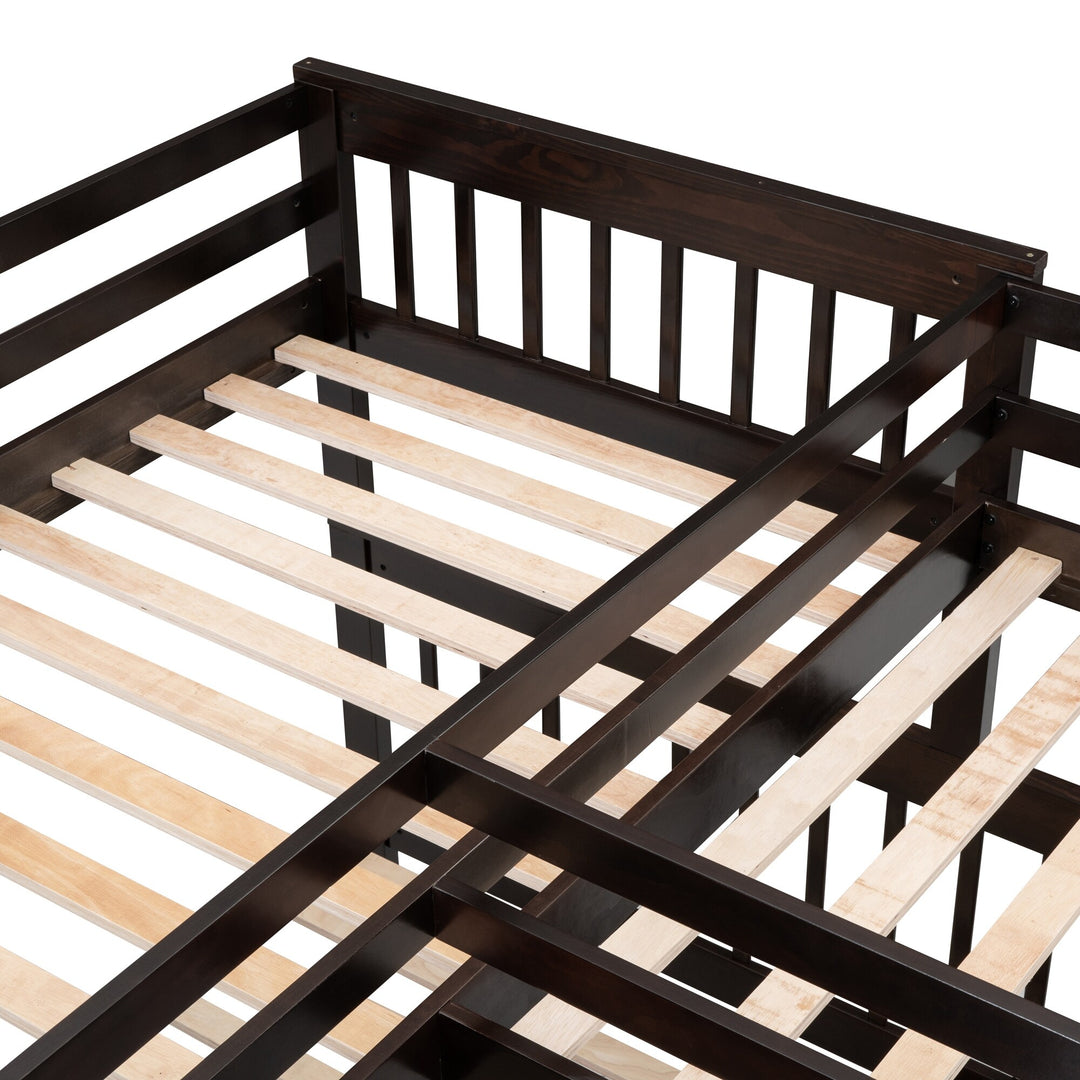 L-Shaped Bunk Bed with Three Drawers, Portable Desk and Wardrobe, Twin-Twin over Full Design