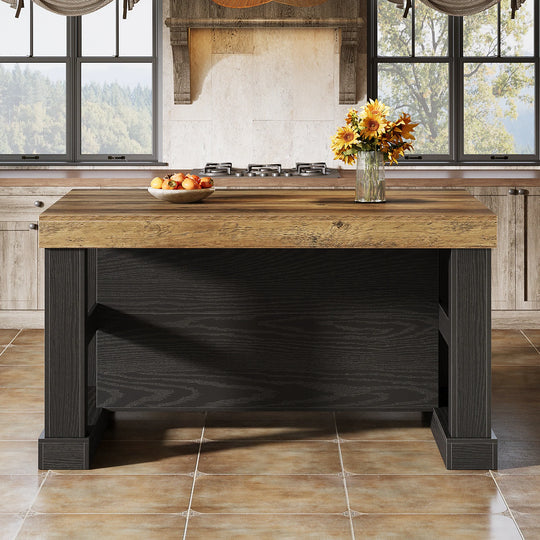 55-Inch Stationary Kitchen Island with Storage Shelves and Large Worktop, Farmhouse Style, Light Brown