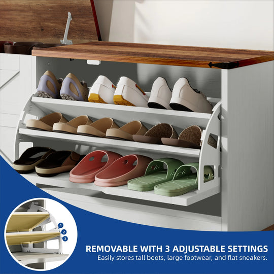 Farmhouse Shoe Storage Bench and Shoe Cabinet with Flip Drawer & Flip-Top Storage