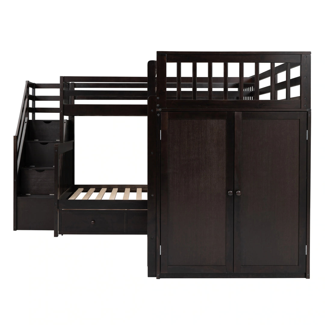 L-Shaped Bunk Bed with Three Drawers, Portable Desk and Wardrobe, Twin-Twin over Full Design