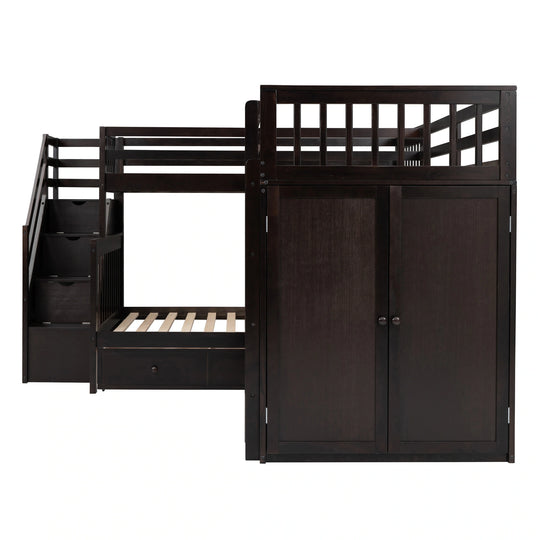 L-Shaped Bunk Bed with Three Drawers, Portable Desk and Wardrobe, Twin-Twin over Full Design