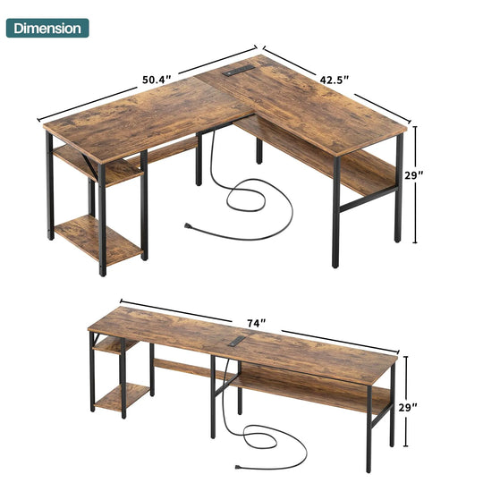 Reversible L Shaped Desk with Storage Shelves, Home Office Corner Desk with Charge Station