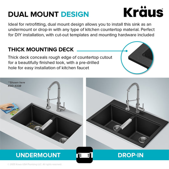 Granite 33 Inch 2-Bowl Undermount Drop-In Kitchen Sink