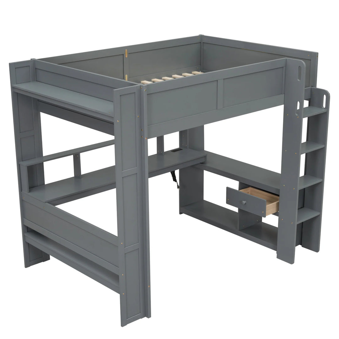Full Size Gaming Loft Bed with Desk, Multi-Storage Shelves, LED and Charging Station, Dark Design