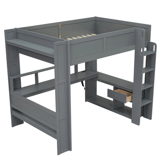 Full Size Gaming Loft Bed with Desk, Multi-Storage Shelves, LED and Charging Station, Dark Design
