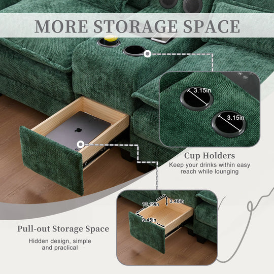 6-Seat Chenille Upholstered Modern U-Shaped Sectional Multifunctional Sofa with 2 Cup Holders,Pull-Out Storage Space