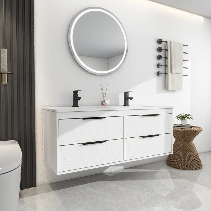 Ciarra Sharee 48" Modern Wall-Mount Double Sink Bathroom Vanity with Resin Top, Zinc Alloy Faucet, Painted Floating Cabinet, Soft-Close Drawers