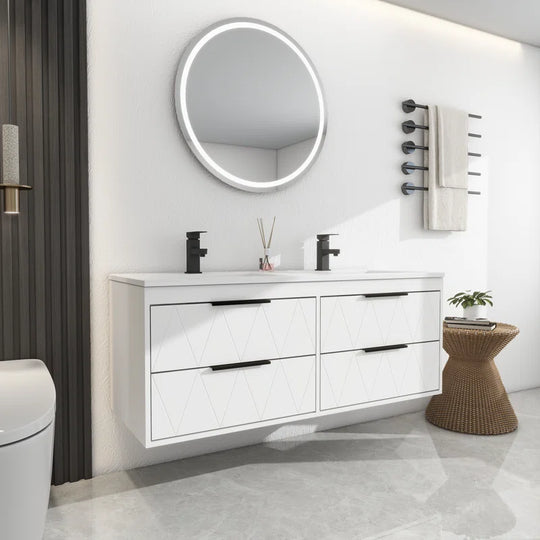 Ciarra Sharee 48" Modern Wall-Mount Double Sink Bathroom Vanity with Resin Top, Zinc Alloy Faucet, Painted Floating Cabinet, Soft-Close Drawers