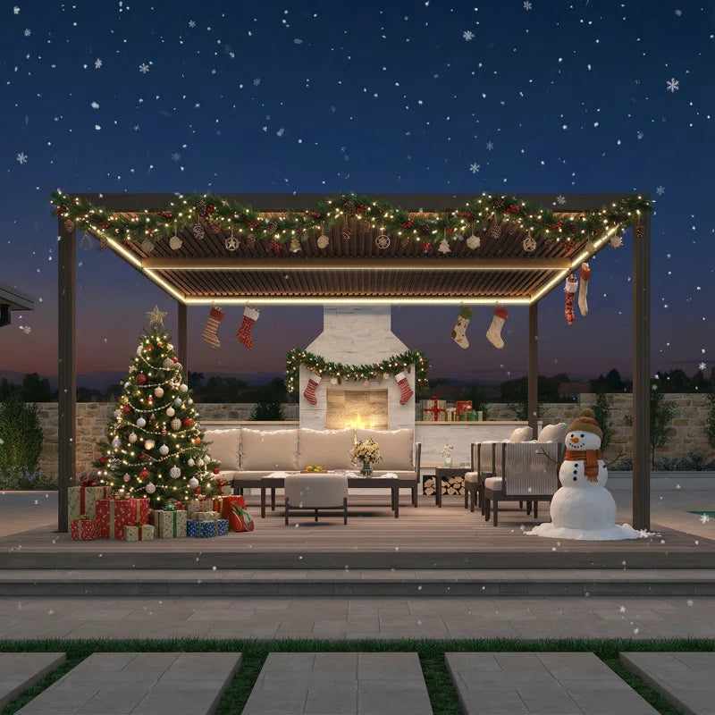 Led Louvered Pergola Full Aluminum Frame and Adjustable Roof Integrated Strip Lights for Outdoor Patio Gray Hardtop Gazebo Pergola