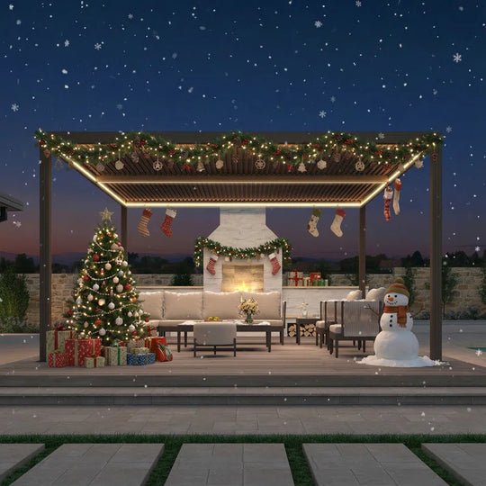 Led Louvered Pergola Full Aluminum Frame and Adjustable Roof Integrated Strip Lights for Outdoor Patio Gray Hardtop Gazebo Pergola