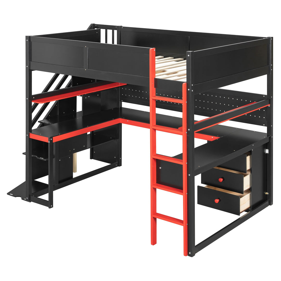 Full Size Wooden Gaming Loft Bed with Storage Stairs, Desk, Shelves and Pegboard