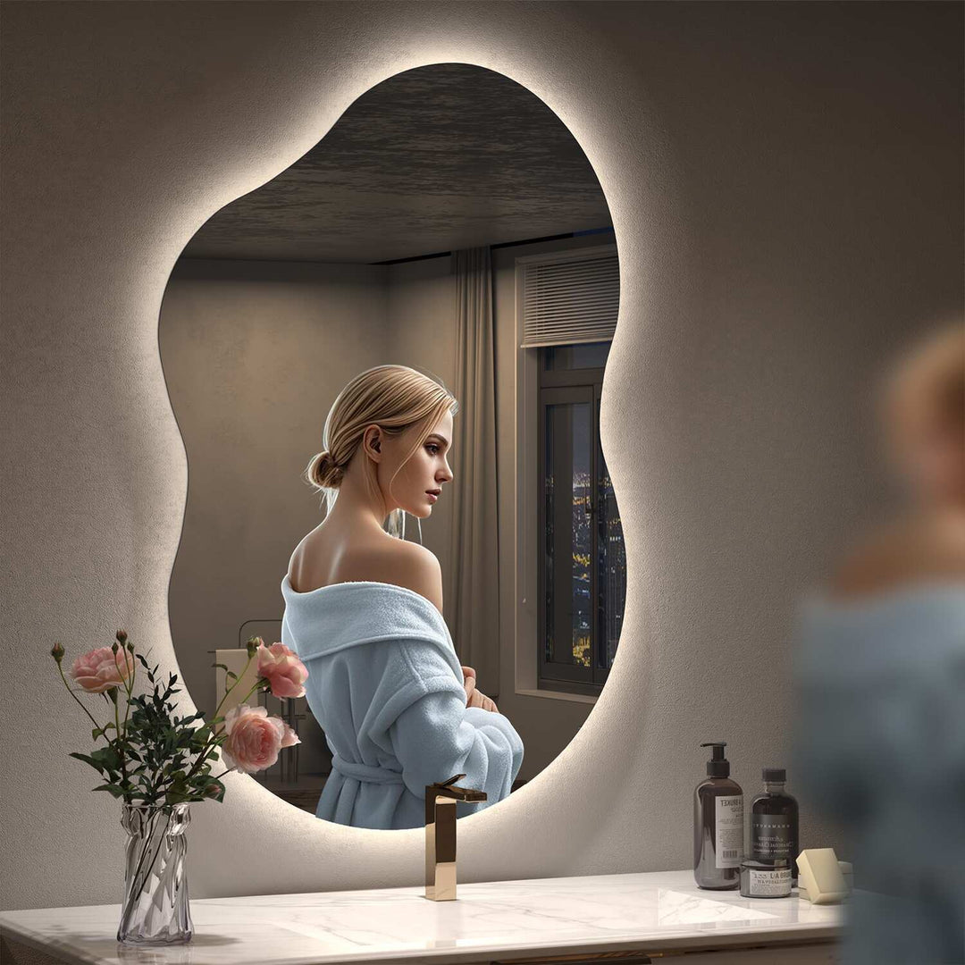 Frameless Irregular LED Anti-Fog Bathroom Vanity Mirror, Asymmetrical Backlit Wall Mirror