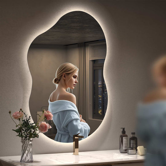 Frameless Irregular LED Anti-Fog Bathroom Vanity Mirror, Asymmetrical Backlit Wall Mirror