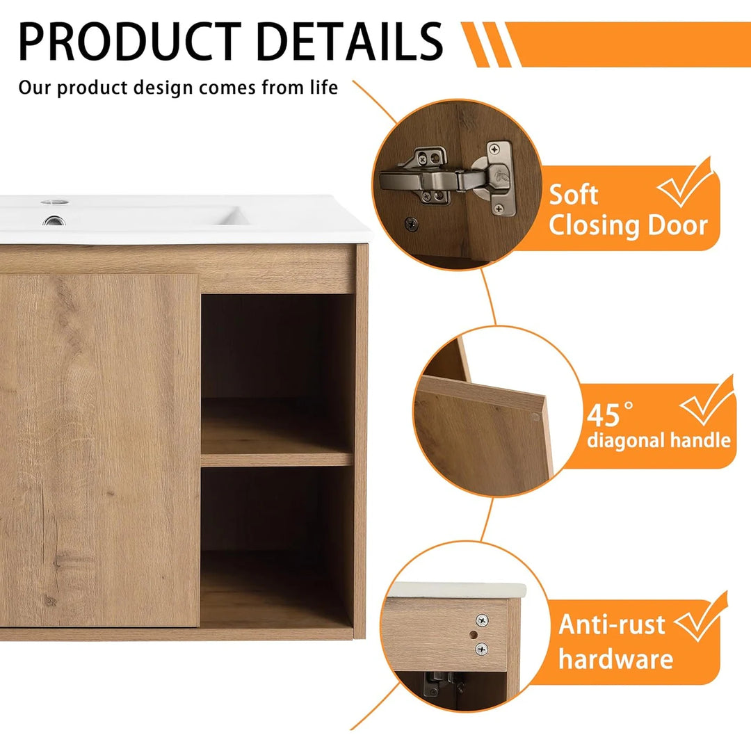 Bathroom Vanity with Sink in 24/30 Inch, Floating Bathroom Vanity with Soft Close Door
