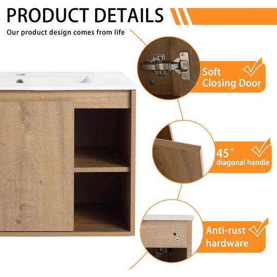Bathroom Vanity with Sink in 24/30 Inch, Floating Bathroom Vanity with Soft Close Door