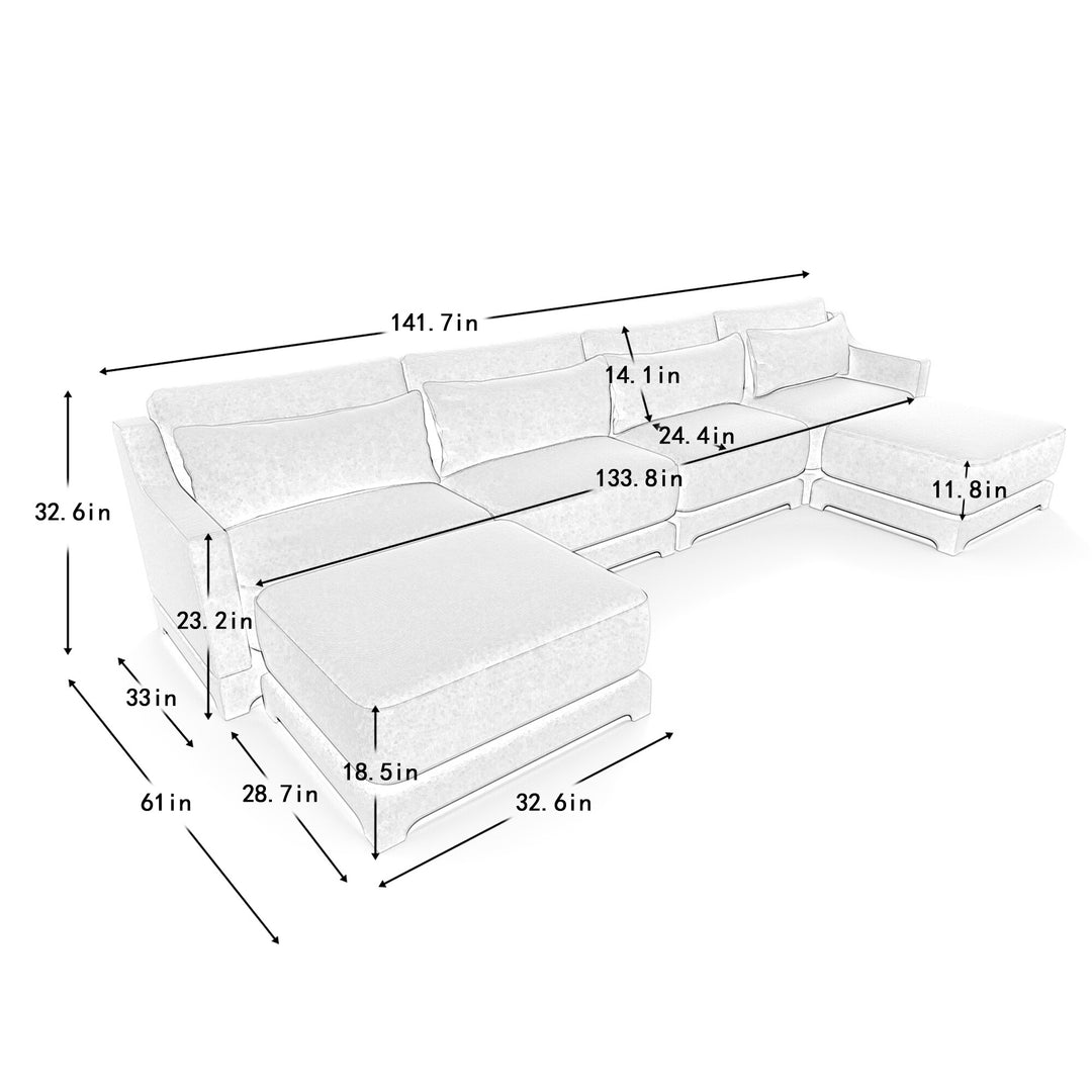 Modern Chenille 4-Seater Sofa with 2 Ottoman, Lumbar Cushions, Ergonomic Backrest, High-Resilience Spongeand Tufted Armrests