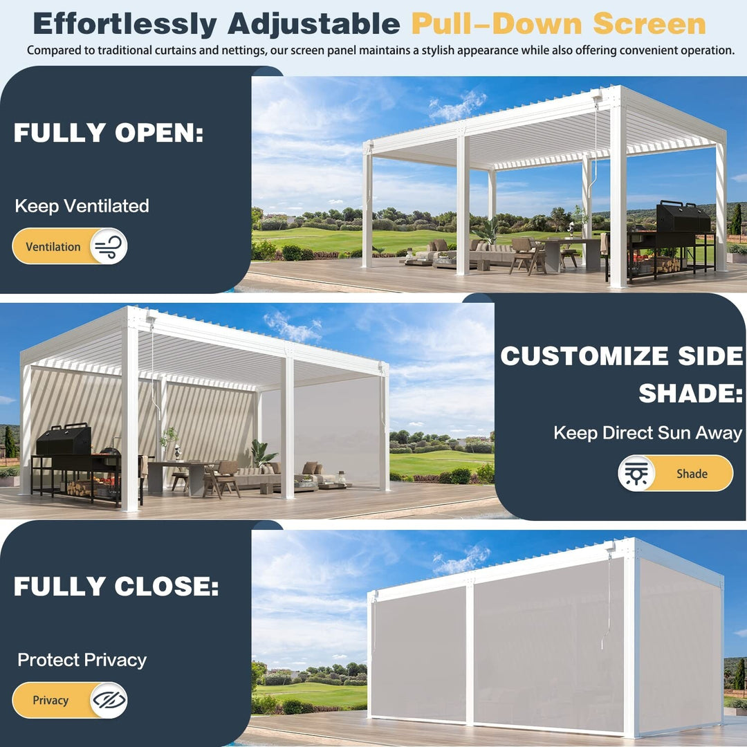 Outdoor Louvered Pergola Gazebo with Adjustable Aluminum Rainproof Roof and Pull-Down Screen