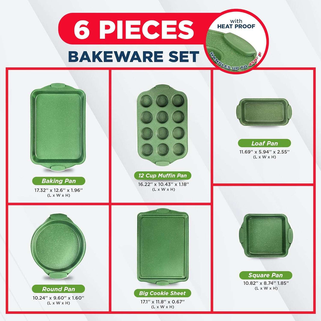 BAKKEN Kitchen Baking Pan Set - Nonstick Green Marble Coating, Carbon Steel Bakeware Sets with Green Silicone Handles,