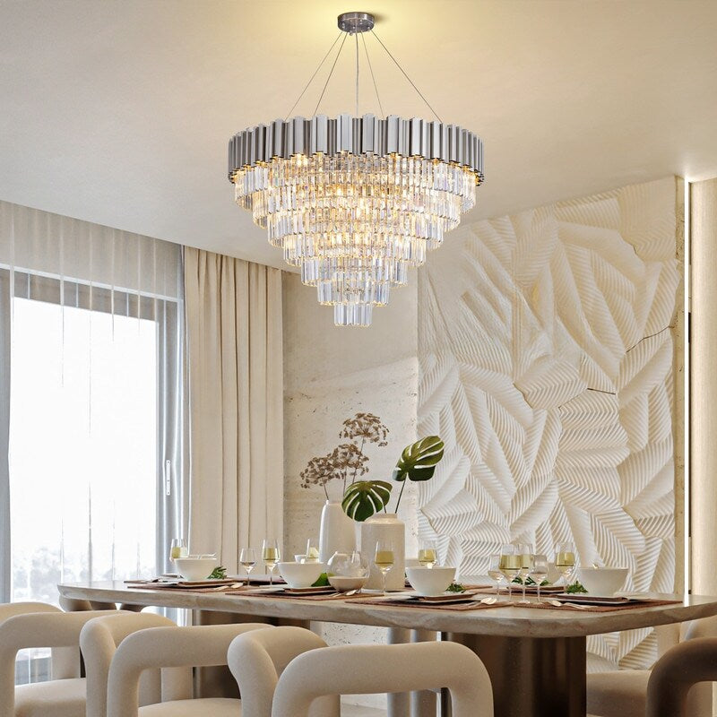 Large Crystal Chandelier - 35.4"Modern 6-Tier 17-Light Chrome Ceiling Light, Luxury K9 Crystal