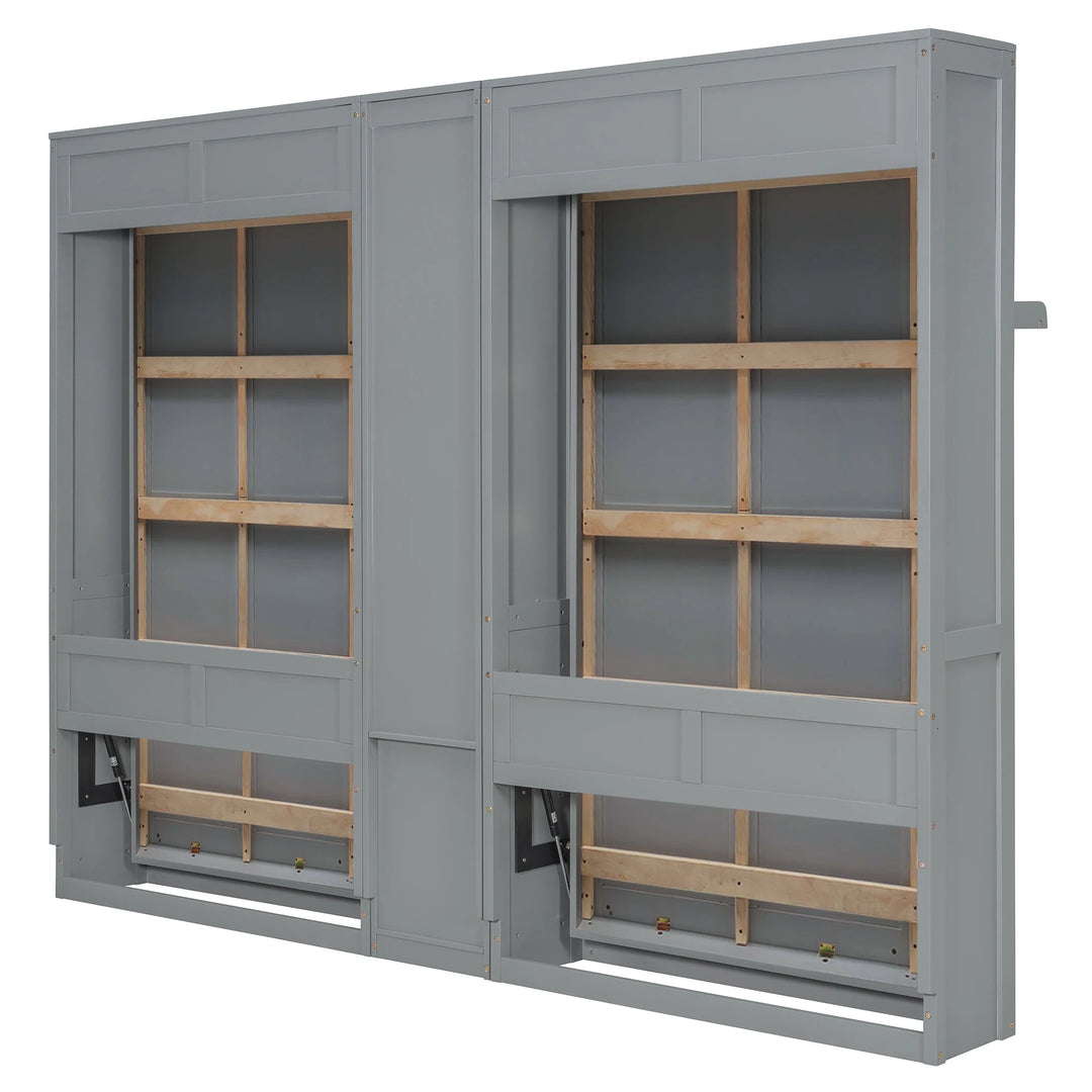 Dual Twin Size Wall Murphy Beds with Cabinets and Shelves, Space-Saving Design