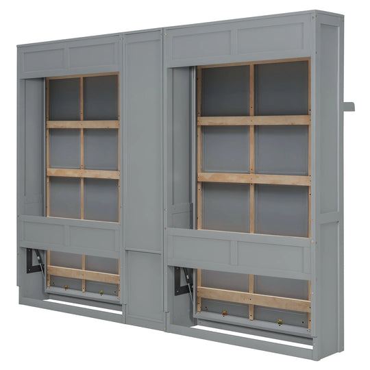 Dual Twin Size Wall Murphy Beds with Cabinets and Shelves, Space-Saving Design